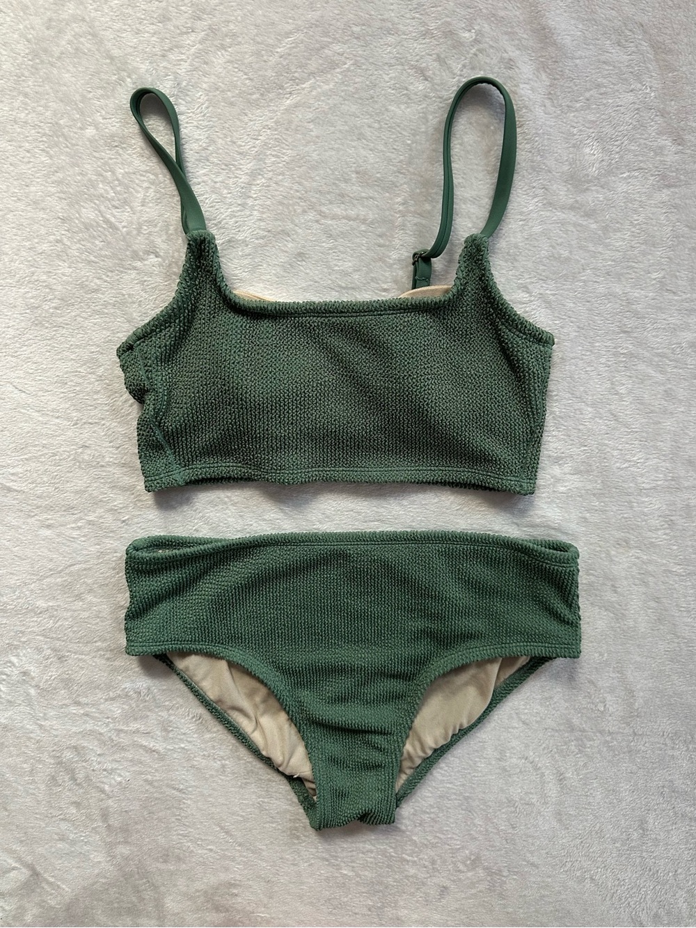 Kona Sol Pucker Textured Square Neck Bikini Top & Bottom in Green Size S/M